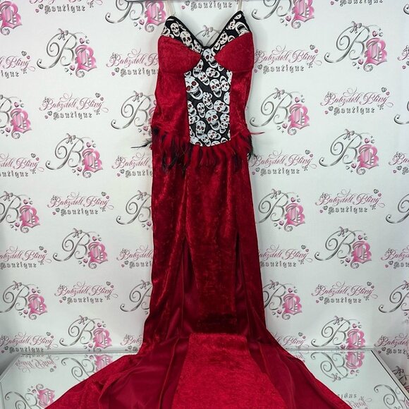 California Costumes voodoo priestress velour feather Red and Black Skull Dress - Picture 1 of 13